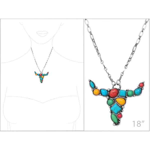 STEER HEAD WESTERN SEMI STONE NECKLACE
