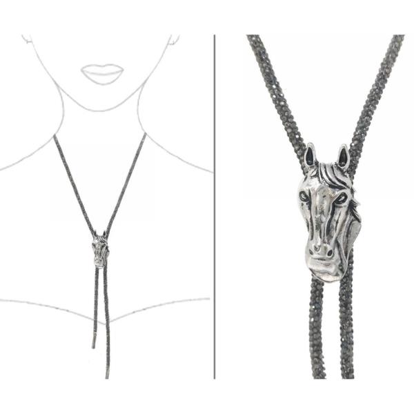 WESTERN SEMI STONE GLITTER CORD BOLO NECKLACE