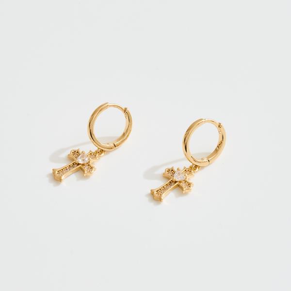 14K GOLD WHITE GOLD DIPPED ORNATE CROSS HUGGIE EARRINGS WITH CZ