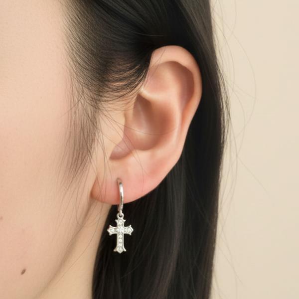 14K GOLD WHITE GOLD DIPPED ORNATE CROSS HUGGIE EARRINGS WITH CZ