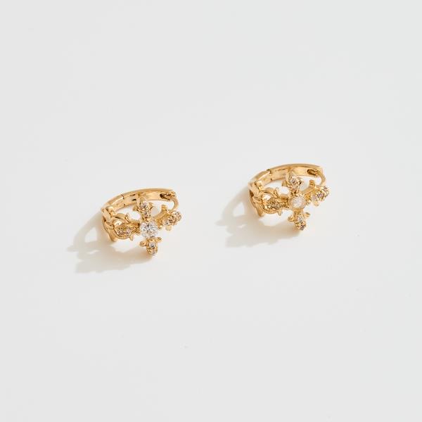14K GOLD WHITE GOLD DIPPED PEARL CROSS HUGGIE EARRINGS