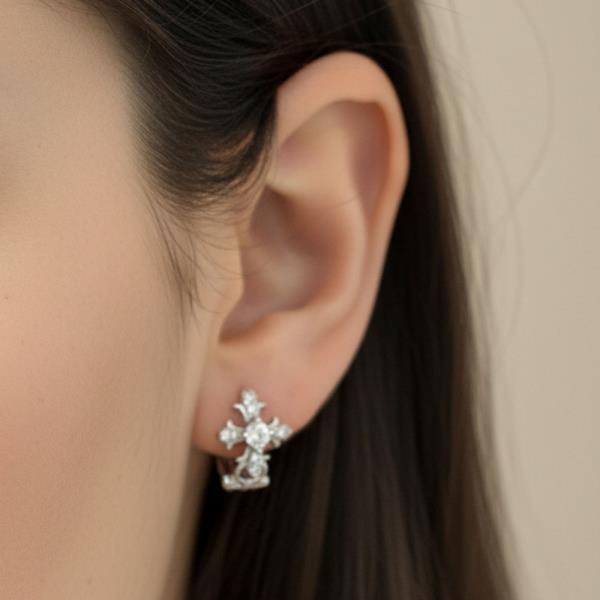14K GOLD WHITE GOLD DIPPED PEARL CROSS HUGGIE EARRINGS