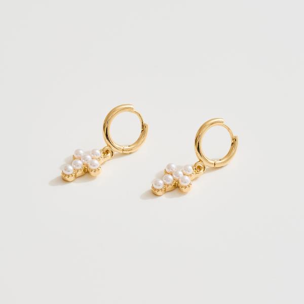 14K GOLD WHITE GOLD DIPPED PEARLS CROSS HUGGIE EARRINGS
