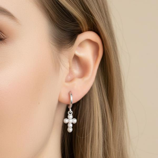 14K GOLD WHITE GOLD DIPPED PEARLS CROSS HUGGIE EARRINGS