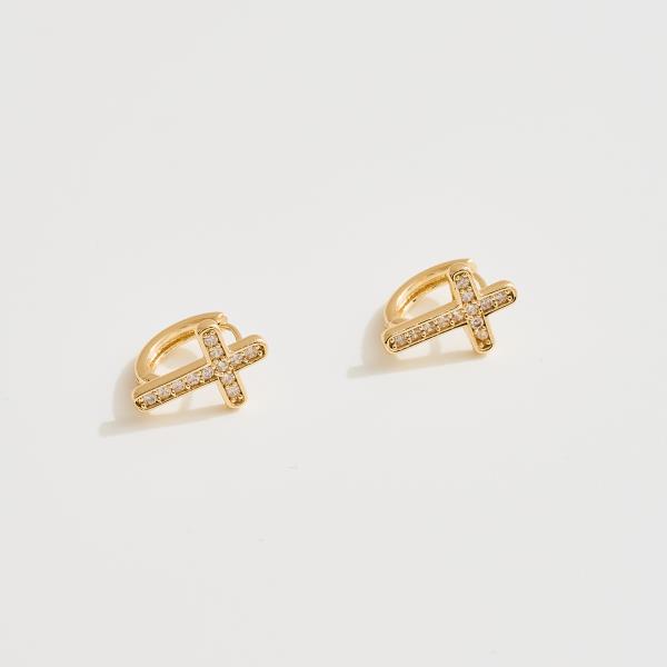 14K GOLD WHITE GOLD DIPPED CROSS HUGGIE EARRINGS WITH CZ