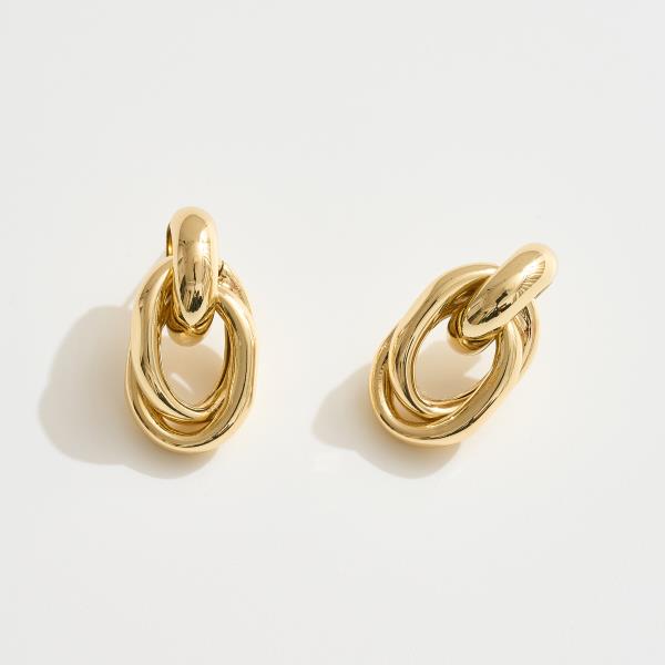 14K GOLD WHITE GOLD DIPPED DOUBLE OVAL LINK DROP EARRINGS