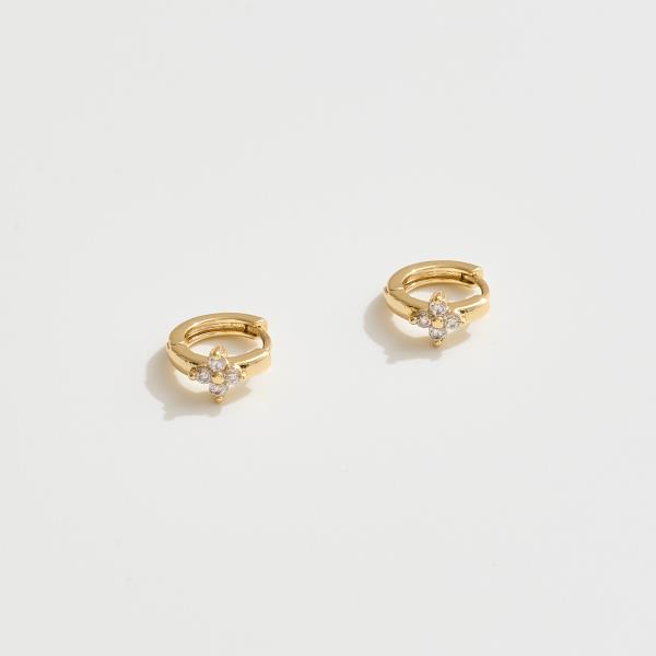14K GOLD WHITE GOLD DIPPED FLORAL HUGGIE EARRINGS WITH CZ