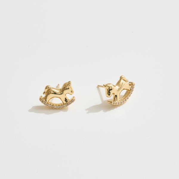 14K GOLD / WHITE GOLD DIPPED ROCKING HORSE STUD EARRINGS CZ PAVE