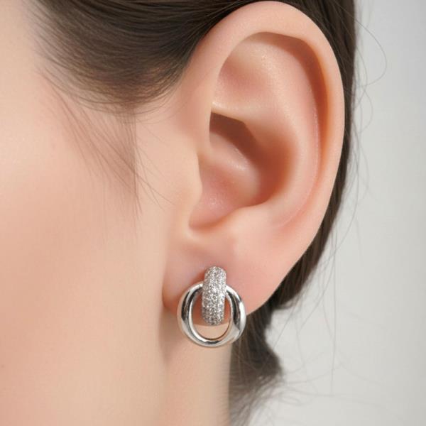 14K GOLD WHITE GOLD DIPPED DOUBLE LINK PAVE POST EARRINGS