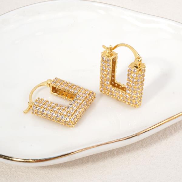 14K GOLD WHITE GOLD DIPPED SQUARE PAVE HOOP EARRINGS