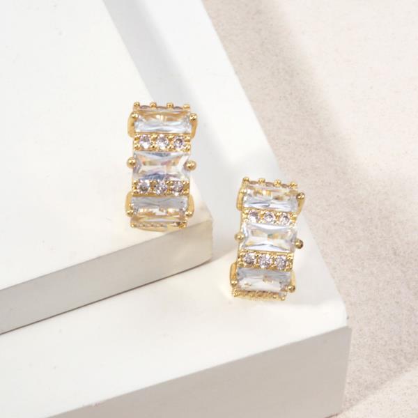 14K GOLD DIPPED GEOMETRIC BAGUETTE CZ HOOP EARRINGS