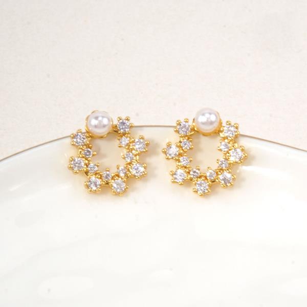 14K GOLD WHITE GOLD DIPPED PEARL ACCENT OPEN CIRCLE EARRINGS