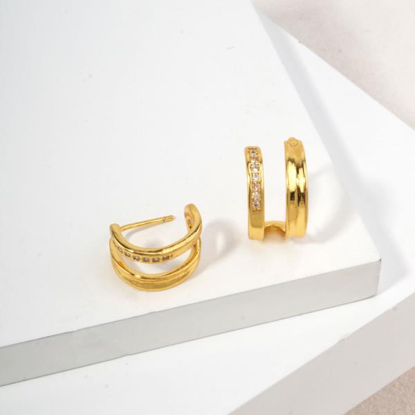 14K GOLD DIPPED CZ ACCENT DOUBLE BAND EARRINGS