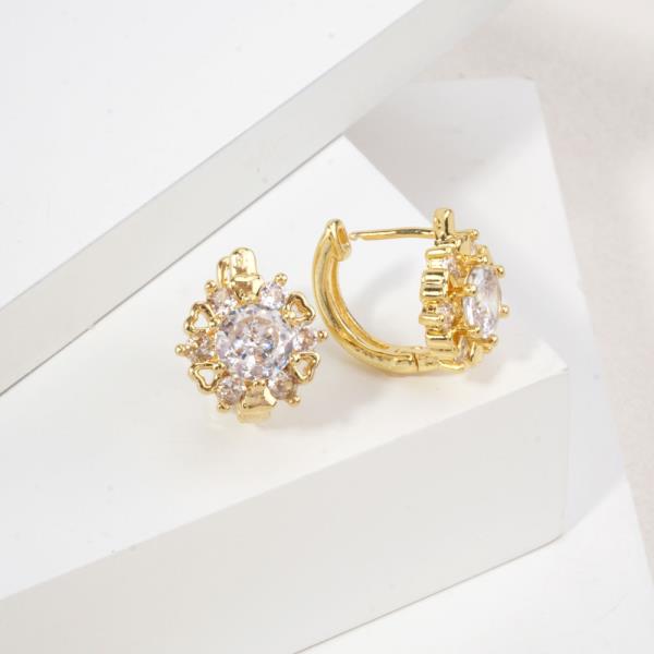 14K GOLD DIPPED CZ FLOWER CLUSTER HUGGIE EARRINGS