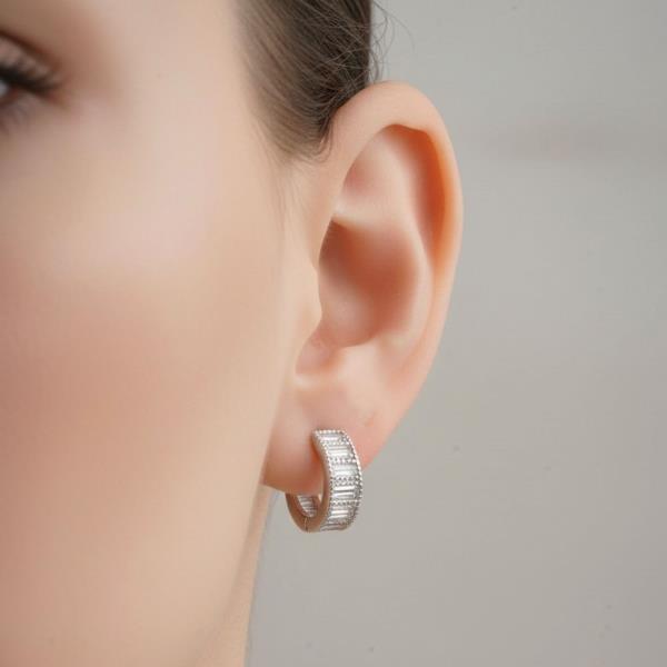 14K WHITE GOLD DIPPED BAGUETTE CZ HALF HOOP EARRINGS