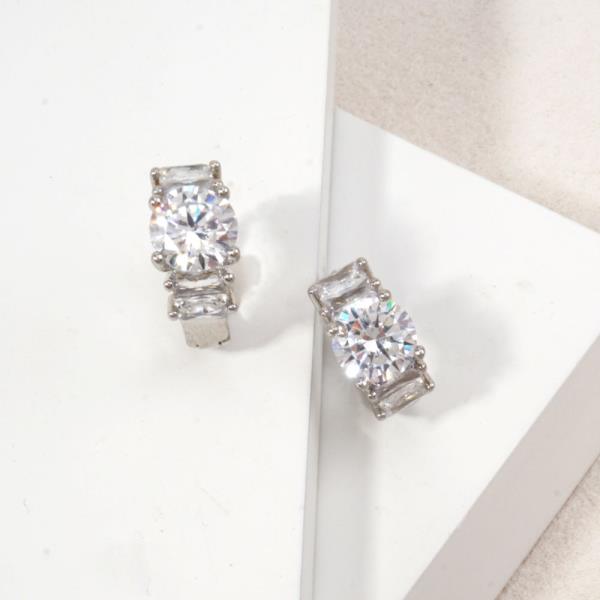 14K WHITE GOLD DIPPED BAGUETTE & ROUND CZ EARRINGS