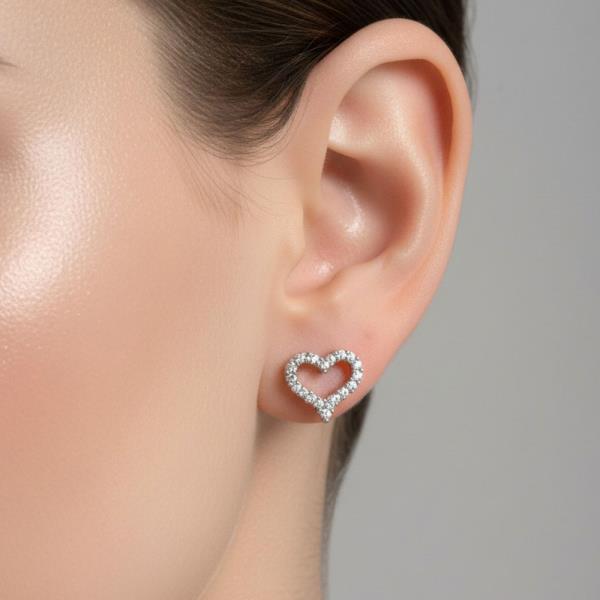 14K WHITE GOLD DIPPED CZ OPEN HEART STUD EARRINGS