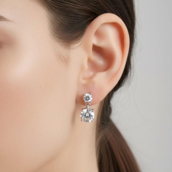 14K GOLD WHITE GOLD DIPPED DOUBLE ROUND CZ DROP EARRINGS