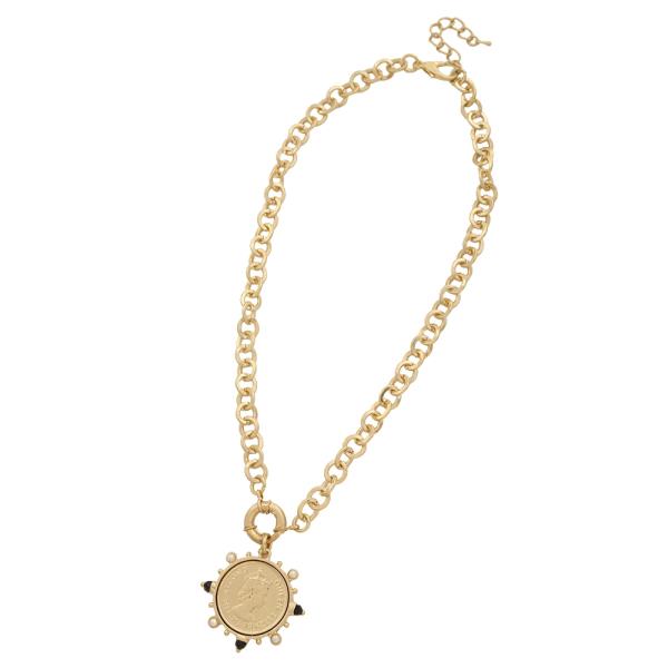 COIN PEARL EMBELLISHED PENDANT CHAIN LINK NECKLACE