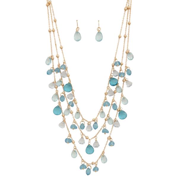 MULTI STONE LAYERED BEAD CHAIN LINK NECKLACE EARRING SET