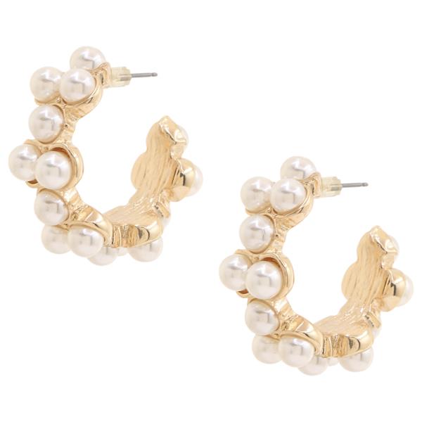 PEARL STUD TEXTURED OPEN HOOP EARRING