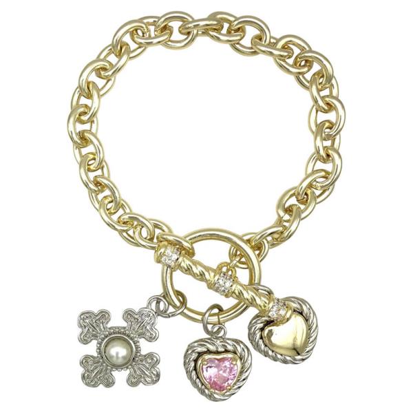 TWO TONE CZ PAVE HEART CHARM TOGGLE BRACELET