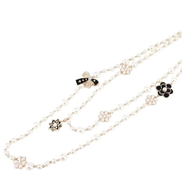 PEARL RIBBON BOW FLOWER MULTI STRAND LONG NECKLACE