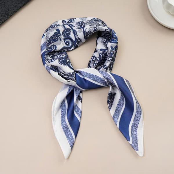 STRIPE FLORAL SILKY BANDANA SQUARE NECK SCARF