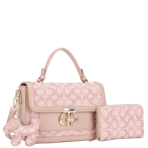 2IN1 OVAL PATTERN DUAL TONE DESIGN HANDLE CROSSBODY W WALLET SET