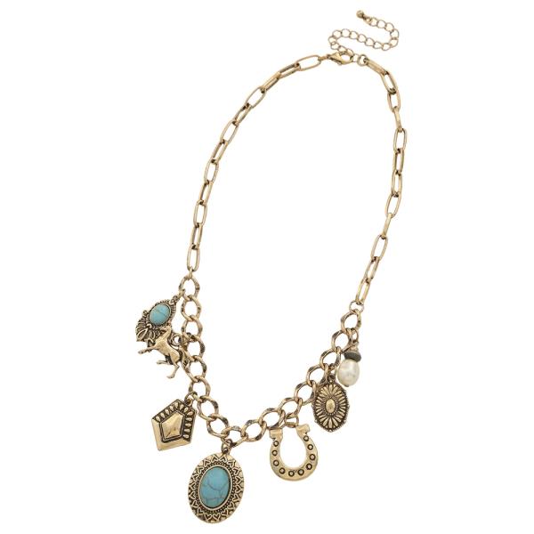 WESTERN TURQUOISE HORSE MULTI CHARM NECKLACE