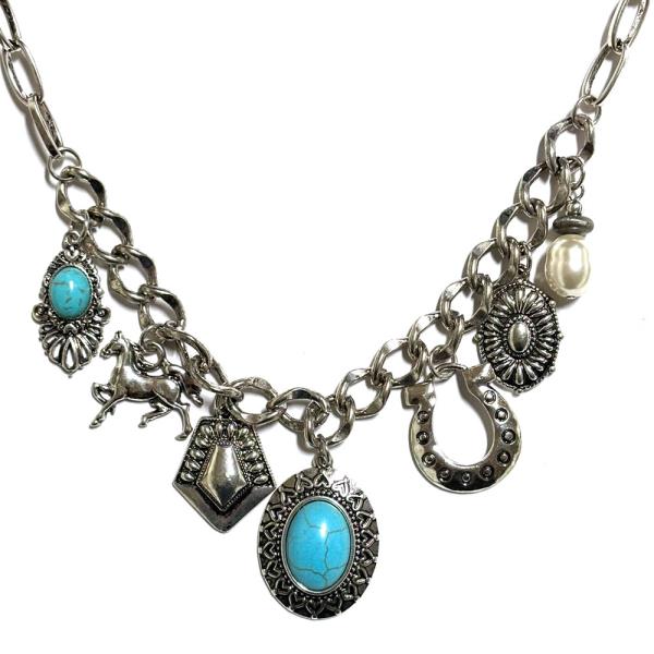 WESTERN TURQUOISE HORSE MULTI CHARM NECKLACE