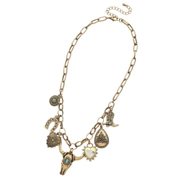 WESTERN TURQUOISE BULL SKULL MULTI CHARM NECKLACE