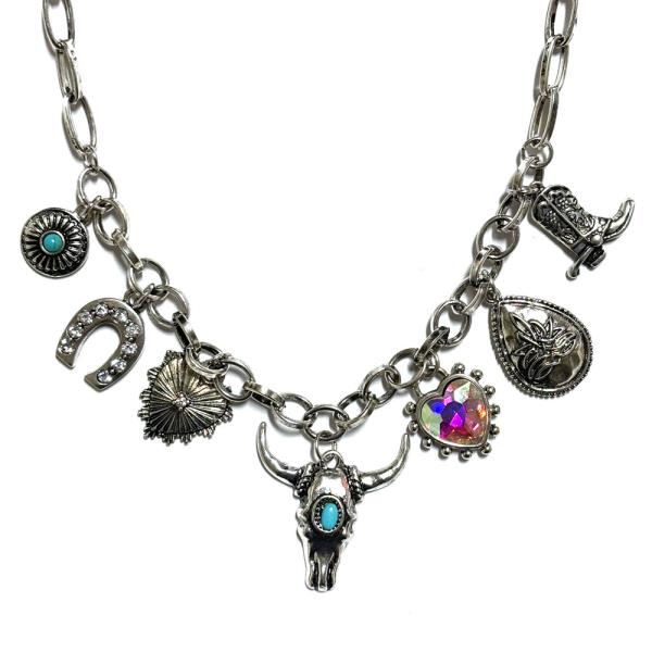 WESTERN TURQUOISE BULL SKULL MULTI CHARM NECKLACE