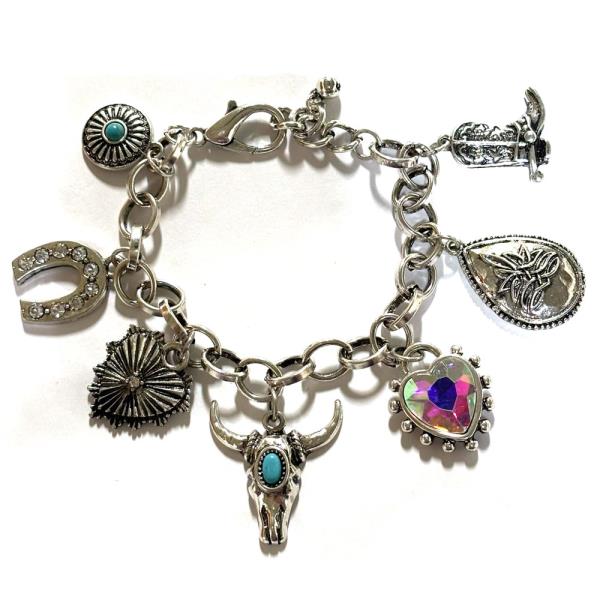 WESTERN TURQUOISE BULL SKULL MULTI CHARM CHAIN BRACELET