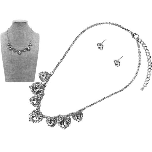 METAL W/ STONE HEART NECKLACE EARRING SET