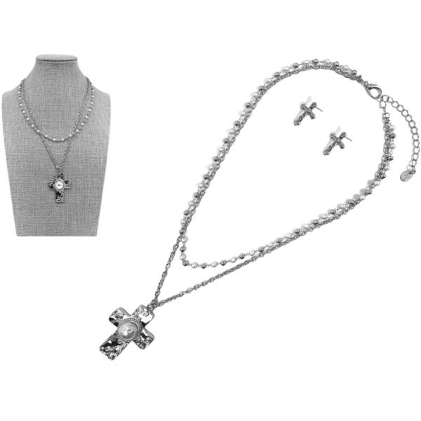 LAYERED W/ CROSS PENDANT NECKLACE EARRING SET
