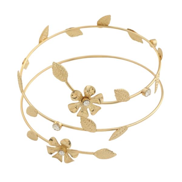 SDJ SPIRAL TEXTURED LEAVES CRYSTAL FLOWER ARM CUFF BRACELET