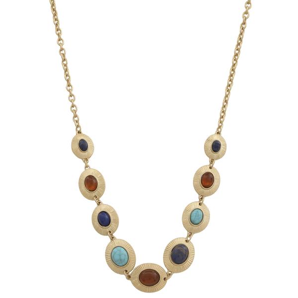 OVAL COLORFUL STONE GEM CHAIN LINK NECKLACE
