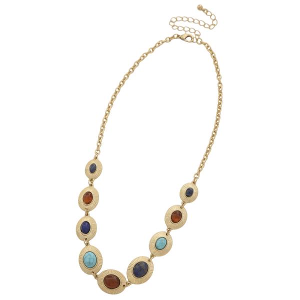 OVAL COLORFUL STONE GEM CHAIN LINK NECKLACE