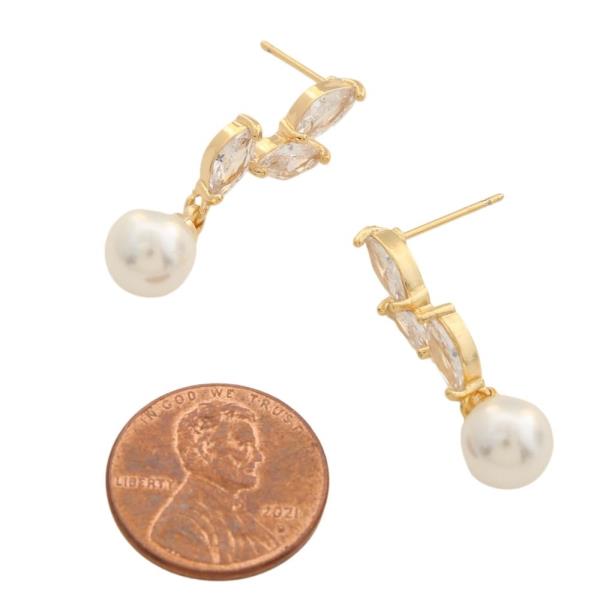 14K GOLD DIPPED RHINESTONE DANGLE PEARL EARRING