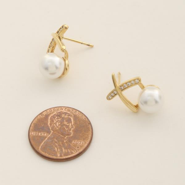 14K GOLD DIPPED CZ CROSSED PEARL EARRING