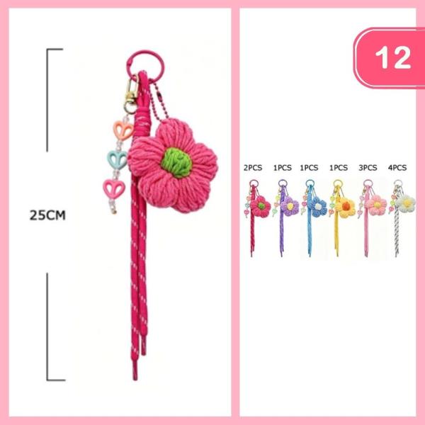 YARN FLOWER W/ HEARTS ROPE KEYCHAIN (12 UNITS)