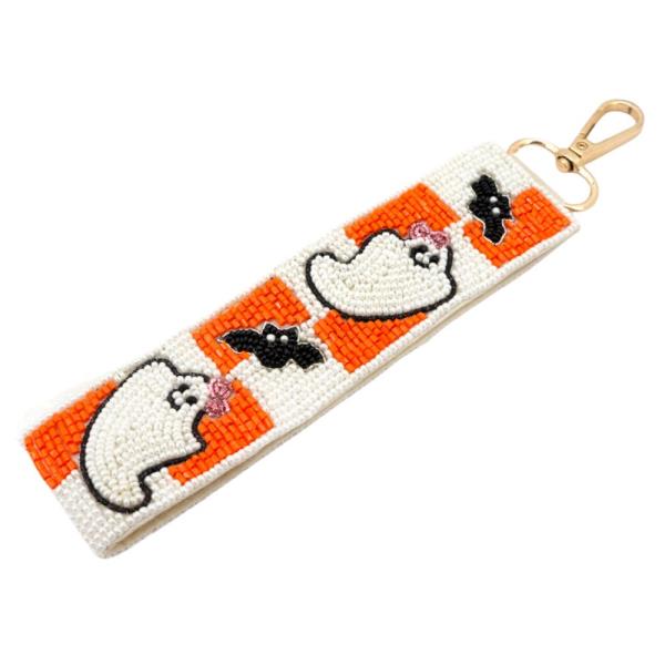 HALLOWEEN SEED BEAD GHOST  BAT ON CHECKERS HAND STRAP