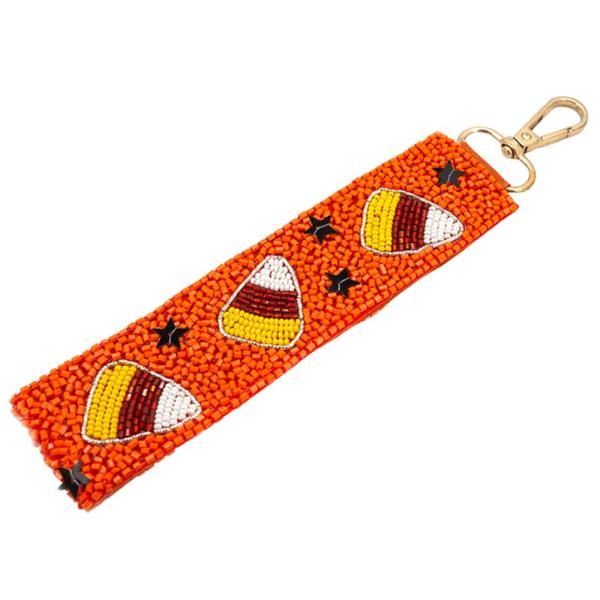 HALLOWEEN SEED BEAD CANDY CORN HAND STRAP KEYCHAIN