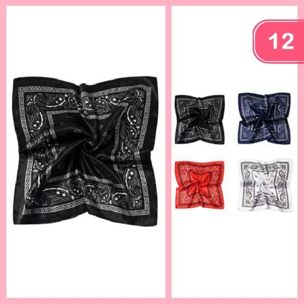 BANDANA PRINT SQUARE SILK LIKE SCARF (12 UNITS)