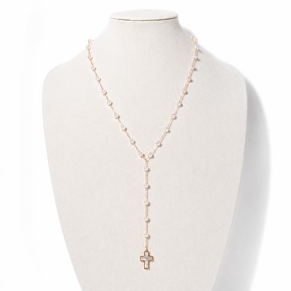 MOP CROSS Y PEARL NECKLACE