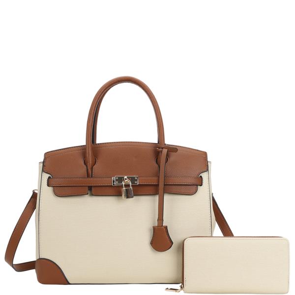 2IN1 TWO TONE KEY LOCK DESIGN HANDLE SATCHEL BAG W WALLET SET