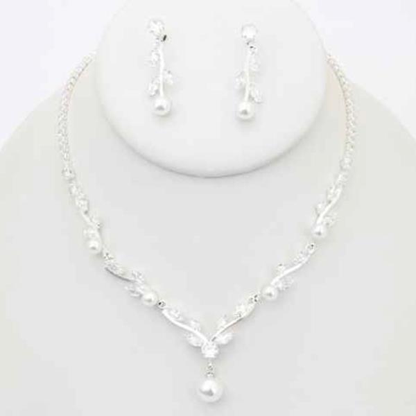 CZ PEARL DROP NECKLACE EARRING SET