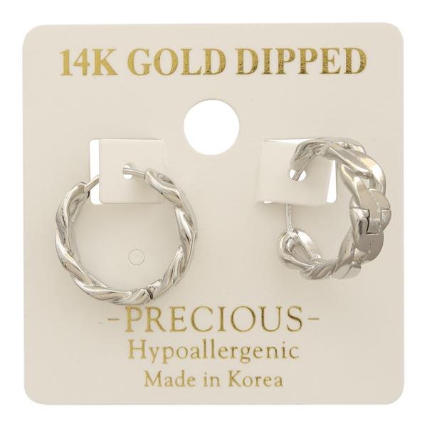 14K GOLD DIPPED TWISTED CHAIN DESIGN HUGGIE HOOP EARRING