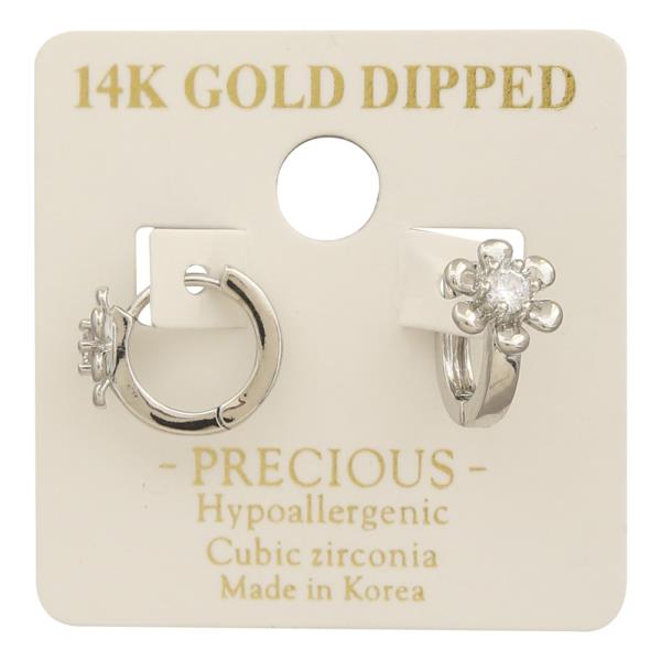 14K GOLD DIPPED CZ SMALL FLOWER HUGGIE HOOP EARRING